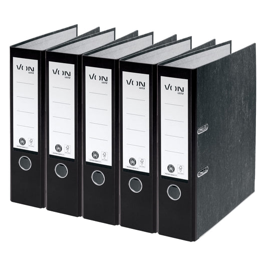 Leitz set of folders with dividers, 5-pack A4 folders made of 100% recycled cardboard, holds 600 sheets, 80mm spine width, black, 10531095 & 10-pack 12-part dividers made of 100% recycled cardboard, 13010000