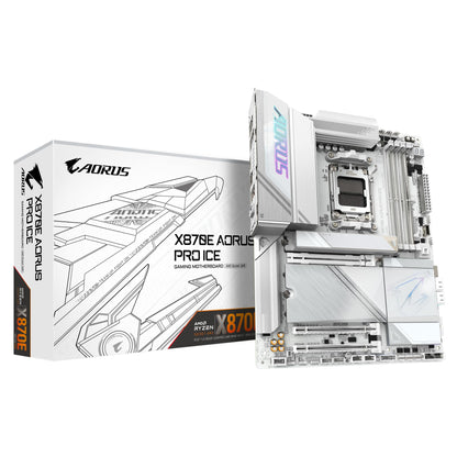 GIGABYTE X870E AORUS PRO Ice motherboard - Supports AMD Ryzen 9000 CPUs, 16+2+2 Phase Digital-VRM, up to 8000MHz DDR5 (OC), 3xPCIe 5.0, Wi-Fi 7, 2.5GbE LAN, USB 4.