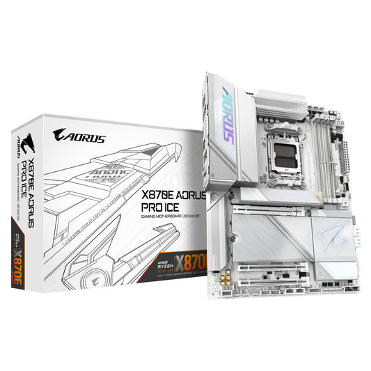 GIGABYTE X870E AORUS PRO Ice motherboard - Supports AMD Ryzen 9000 CPUs, 16+2+2 Phase Digital-VRM, up to 8000MHz DDR5 (OC), 3xPCIe 5.0, Wi-Fi 7, 2.5GbE LAN, USB 4.