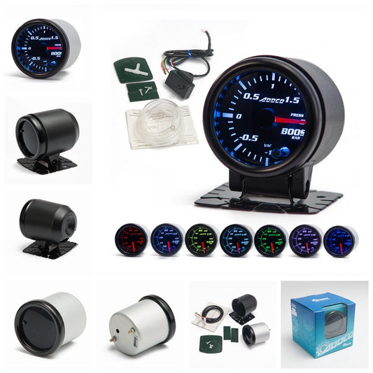 52mm electrical car turbo boost gauge by EPMAN with 7 LED colors, sensor, universal fit, race-inspired design. Includes mounting bracket.