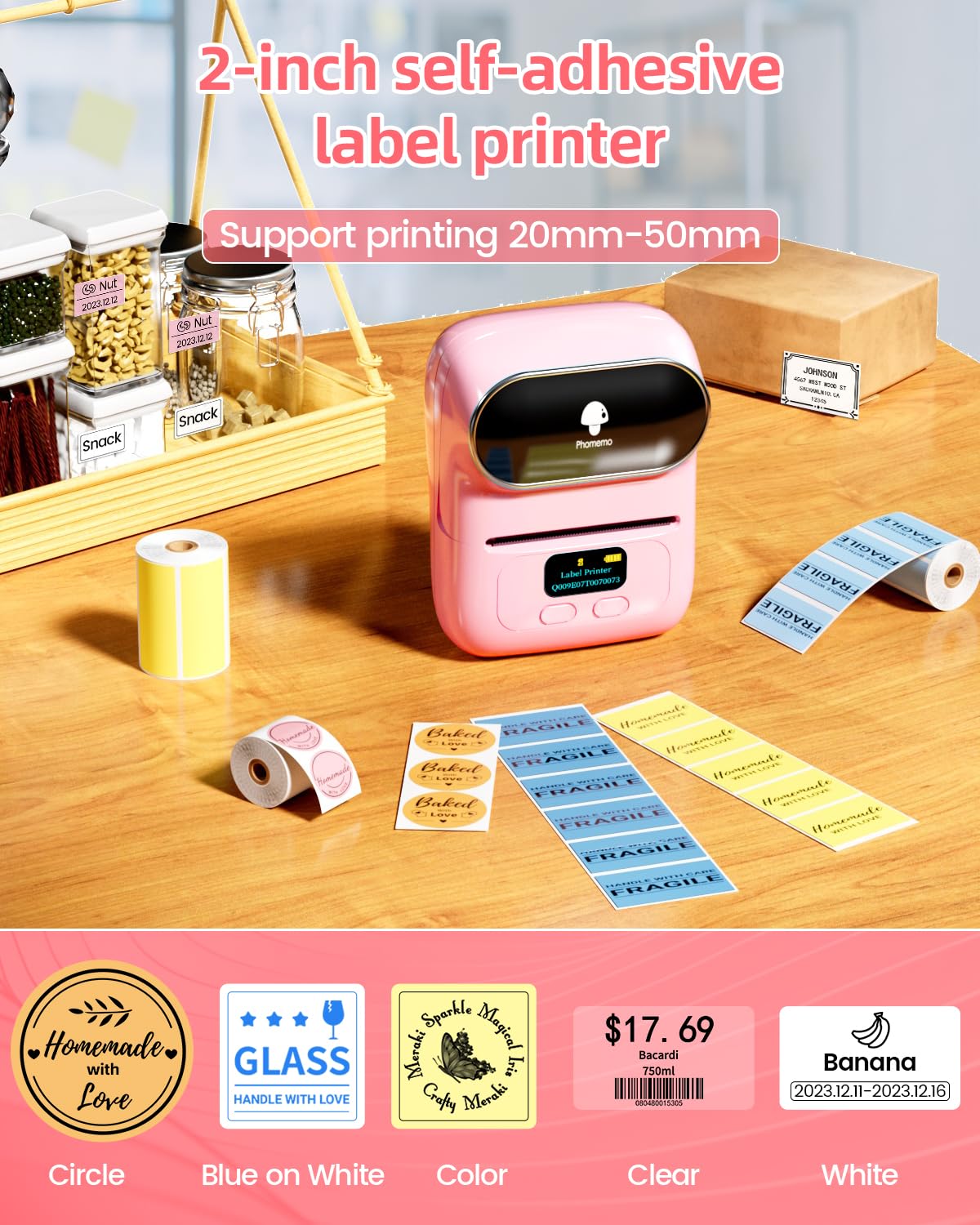 Phomemo M110 Bluetooth label printer, portable label maker with 3 label rolls, barcode printer for retail, office, and small businesses, for phones & PC - Pink.