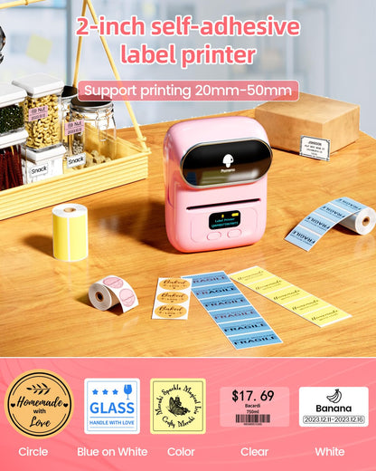 Phomemo M110 Bluetooth label printer, portable label maker with 3 label rolls, barcode printer for retail, office, and small businesses, for phones & PC - Pink.
