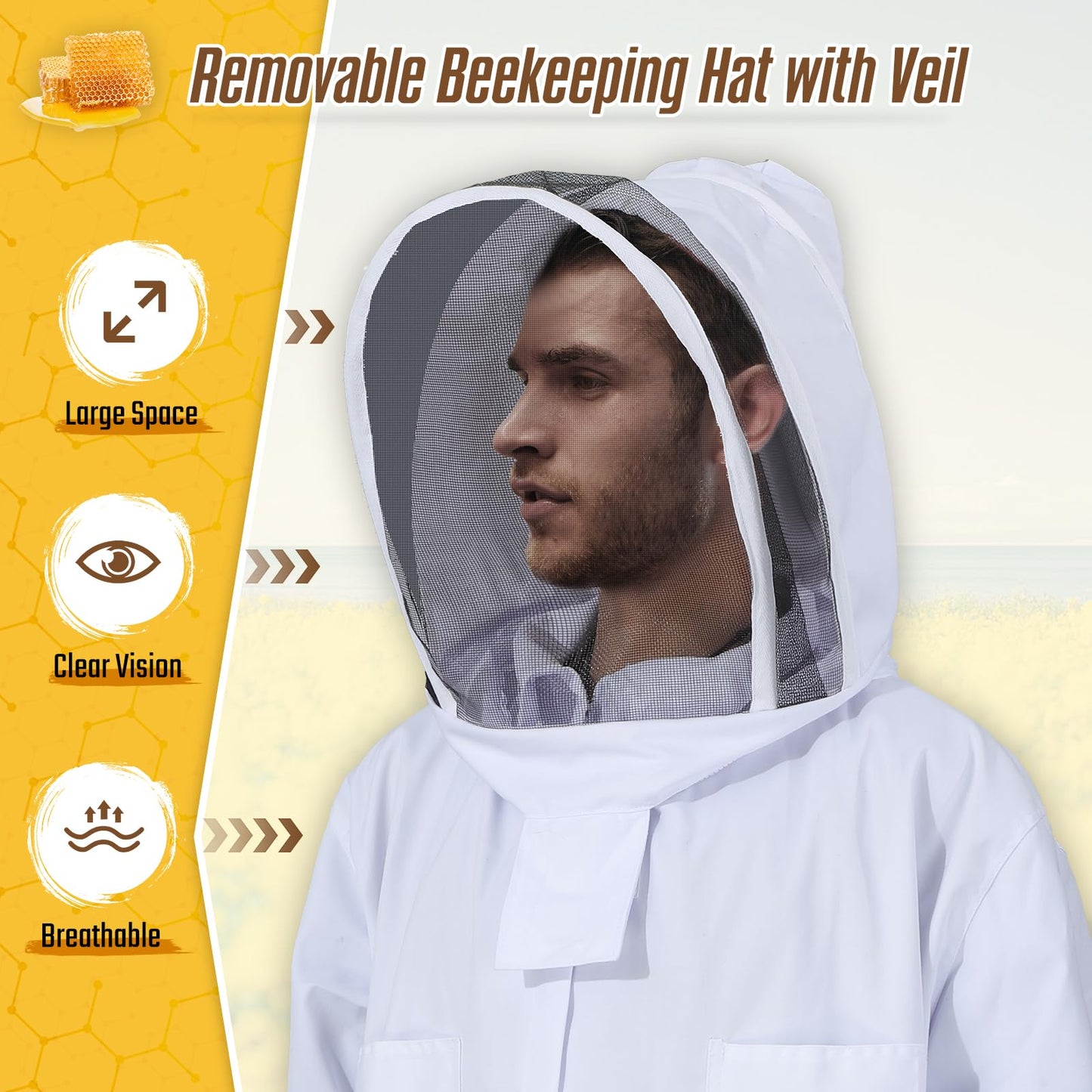 Moontay Beekeeping Suit, sting-proof with removable breathable hood. Full protection bee suit with pockets and elastic cuffs for beekeepers. Professional bee suit for men and women, XXL.