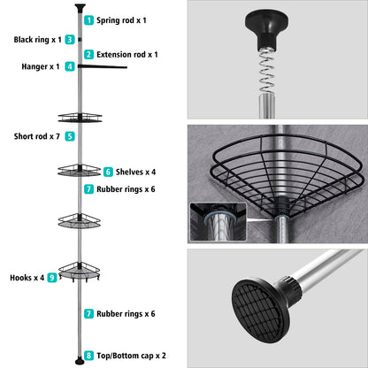HANFU Telescopic Shower Caddy, 70-305 cm Height Adjustable Shower Shelf Without Drilling, Stainless Steel Corner Bathroom Shelf with 4 x Baskets 4 x Hooks and 1 x Towel Holder for Towel Shampoo, Black