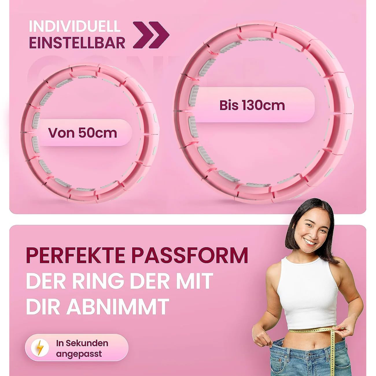 Gymside Hoopside Pro Original - Quiet Smart Hula Hoop, Won't Fall down, suitable for beginners, Hula Hoop for weight loss and getting fit, with massage knobs, 18 removable links (Pink)
