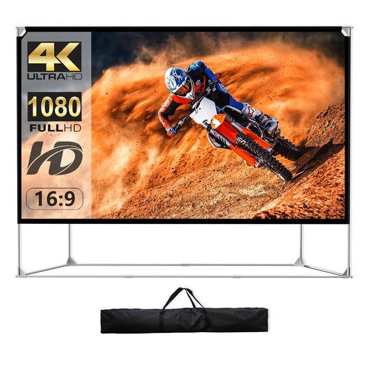 Projection screen with stand 150 inch Portable screen Projector 16:9 HD 4K Premium wrinkle-free screen Stand with carrying bag for home theater Indoor Outdoor projector movie screen.