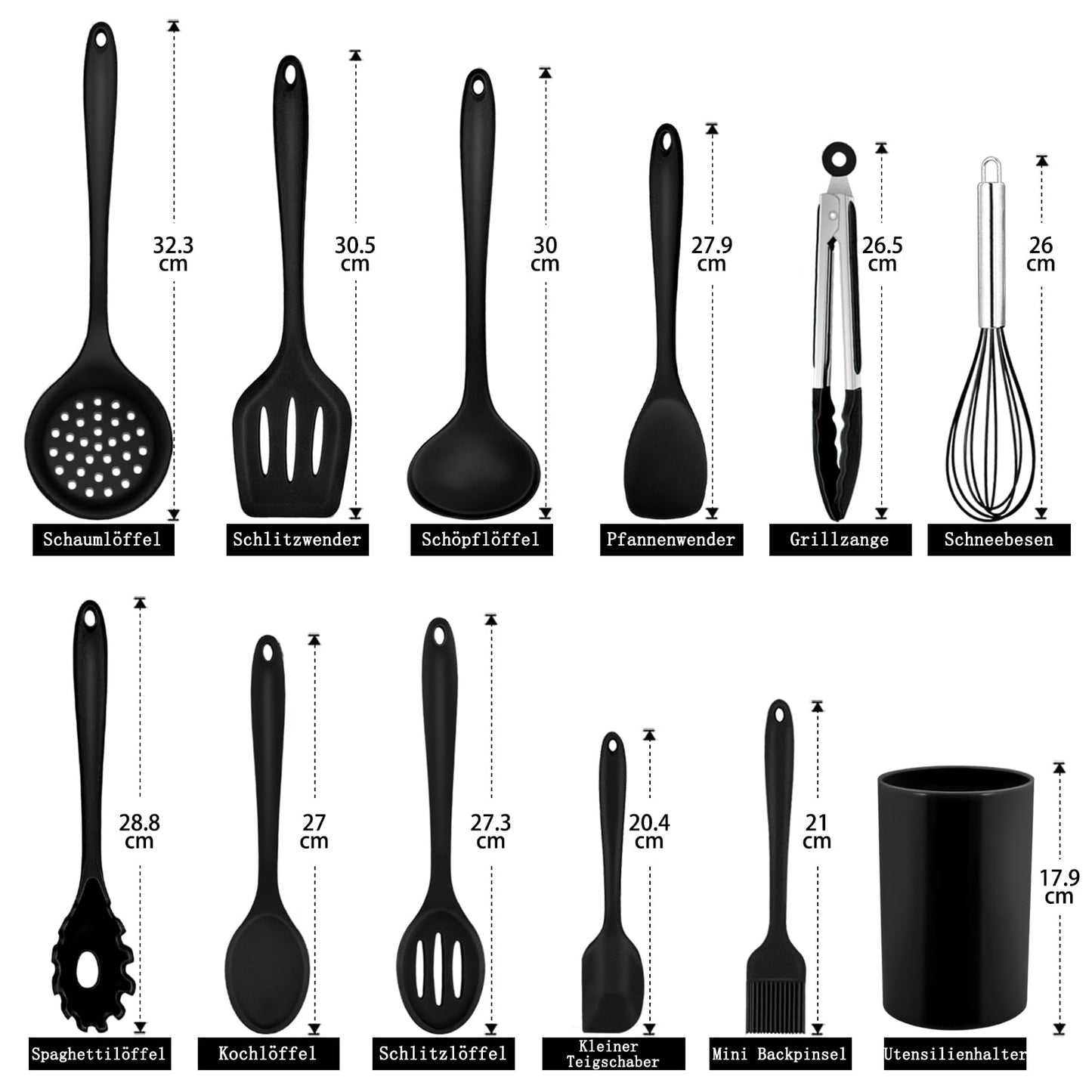 Homikit Silicone Kitchen Utensil Set, 12 Pieces Black Cooking Utensils Cookware, Heat-Resistant Cooking Utensil Set with Utensil Holder, Healthy & Non-stick, Dishwasher Safe