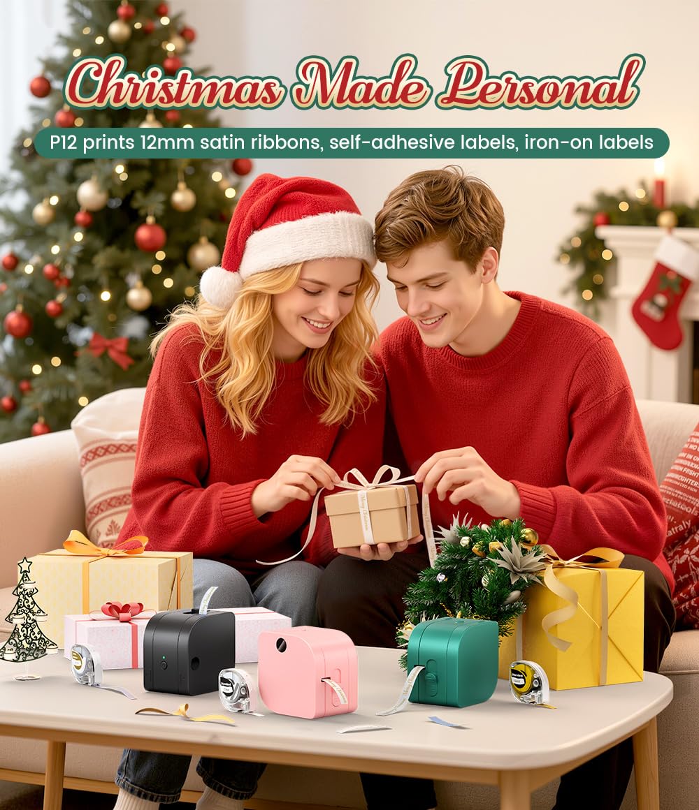 Phomemo P12 Mini Bluetooth Labeling Machine, self-adhesive label maker compatible with iOS & Android phones. Thermal label printer for home and office use - Pink.