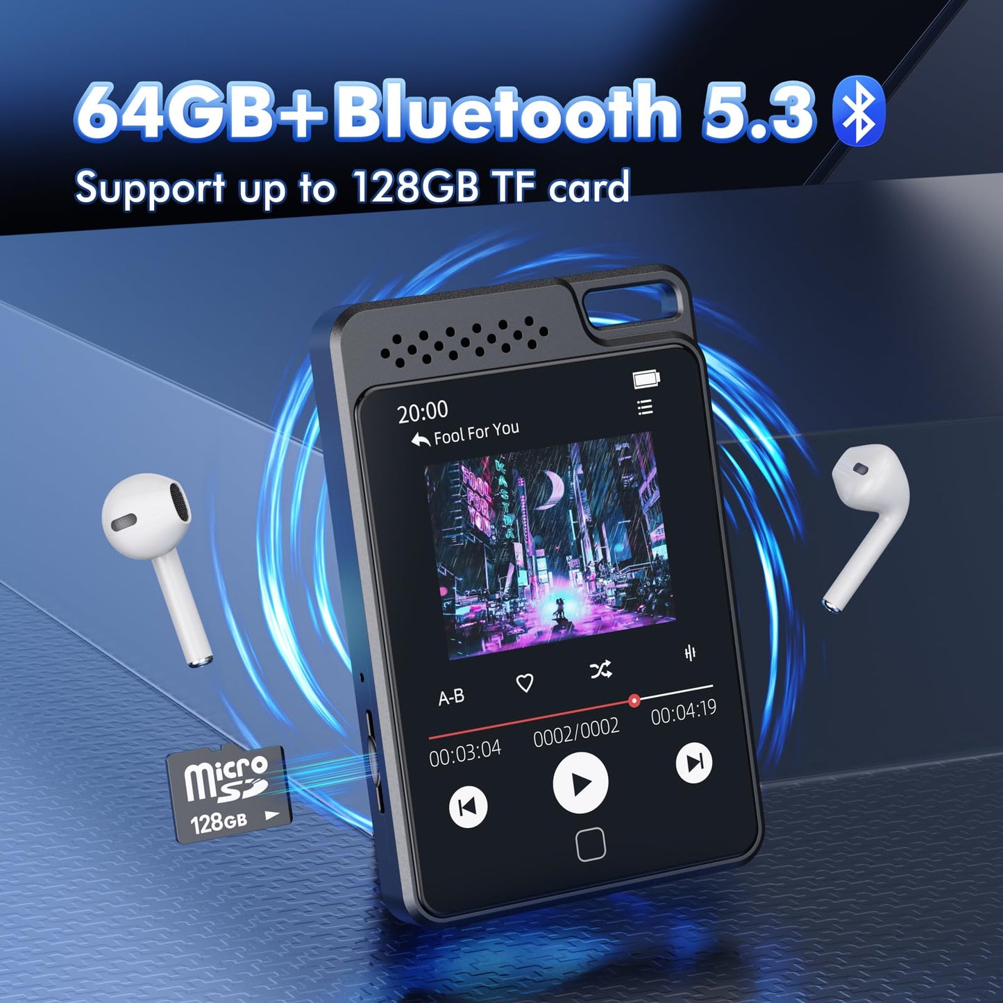 64GB MP3 player with Bluetooth 5.3, 2.4" full touchscreen, metal cover, portable with speaker, voice recording, FM radio, supports 128GB kids MP3 player.