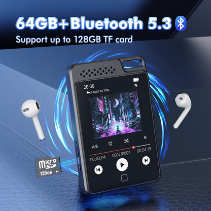 64GB MP3 player with Bluetooth 5.3, 2.4" full touchscreen, metal cover, portable with speaker, voice recording, FM radio, supports 128GB kids MP3 player.