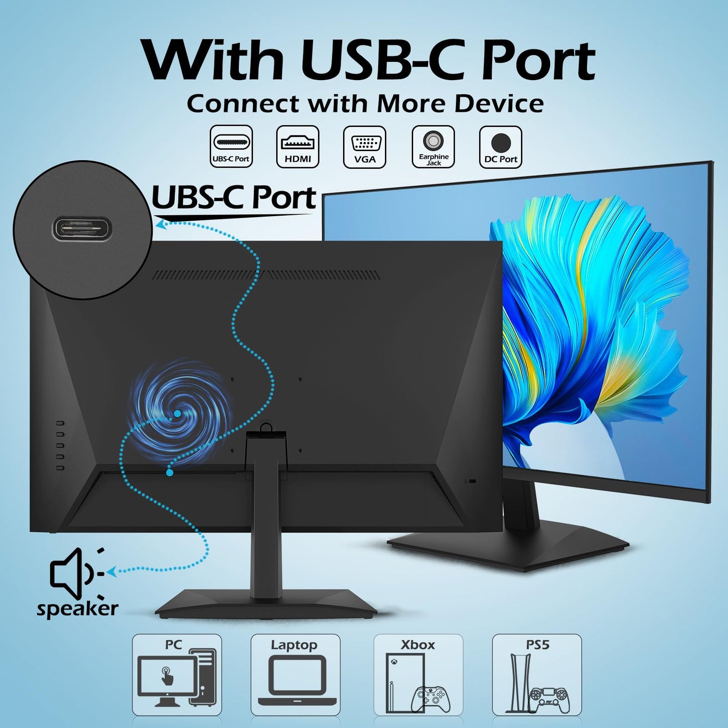 Smart Tech Monitor 24 inch, Business PC screen with speakers, IPS panel, FHD monitor 1080p, Adaptive-Sync, 4ms, Eye Comfort, VESA 75x75, USB-C HDMI1.4 VGA.