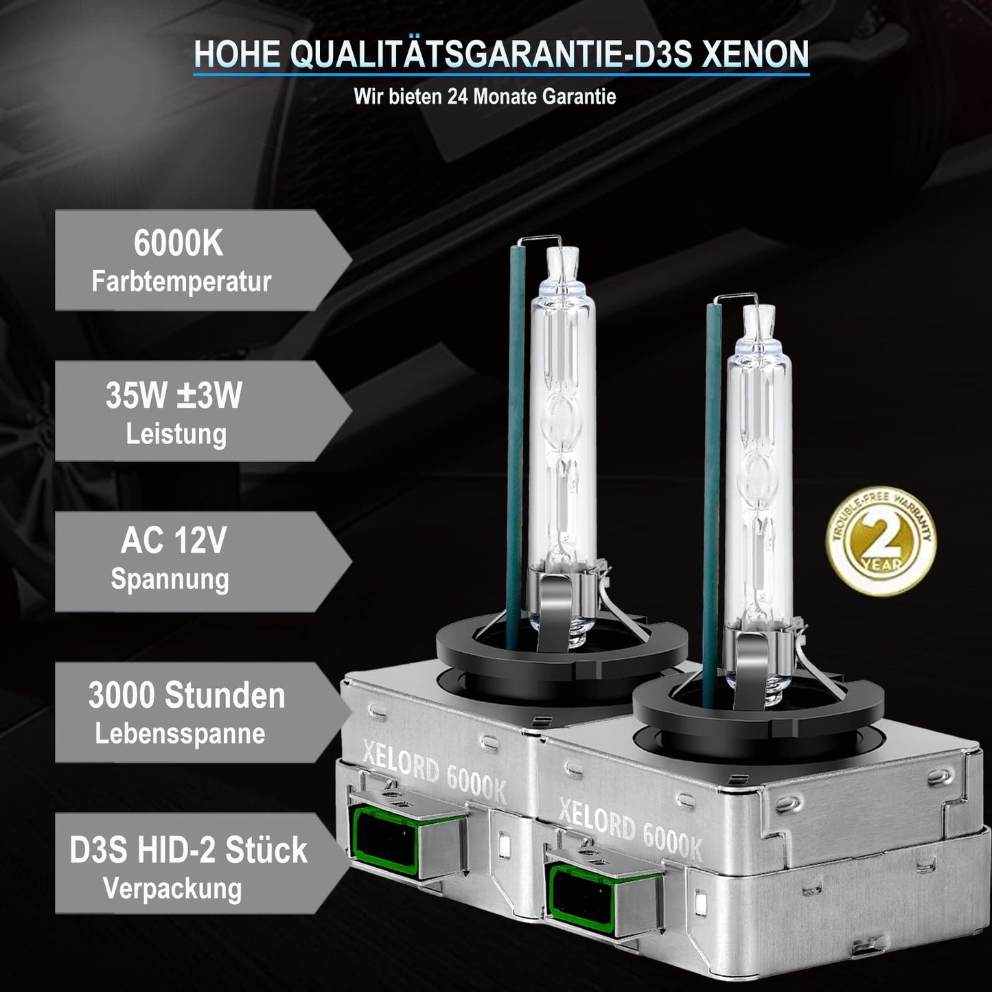 XELORD D3S Xenon Bulb Headlight Lamp 6000K Diamond White Light 35W HID Vehicle Headlight Bulb 12V (2 Bulbs)