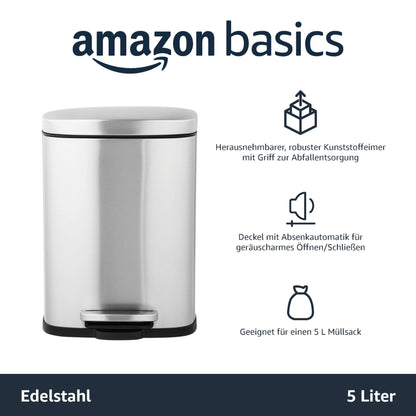 Amazon Basics Mini Waste Bin, rectangular, dirt-repellent, with soft-close foot pedal, brushed stainless steel, for bathrooms and small spaces, 5 liters, satin finish, 18.5 x 21.6 x 29.9 cm (L x W x H)