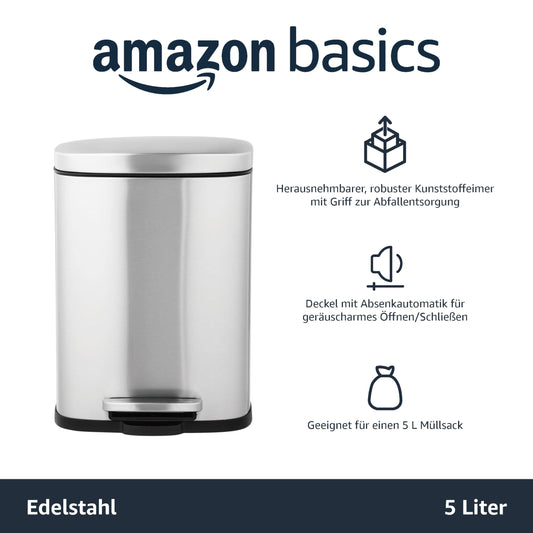 Amazon Basics Mini Waste Bin, rectangular, dirt-repellent, with soft-close foot pedal, brushed stainless steel, for bathrooms and small spaces, 5 liters, satin finish, 18.5 x 21.6 x 29.9 cm (L x W x H)