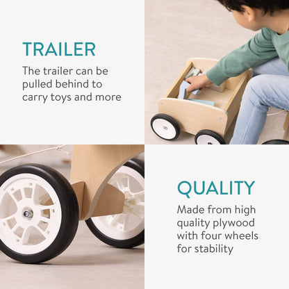 Navaris wooden push bike with trailer - balance bike for children from 18 months - wooden push bike slider - 4 wheels baby bike ride-on toy