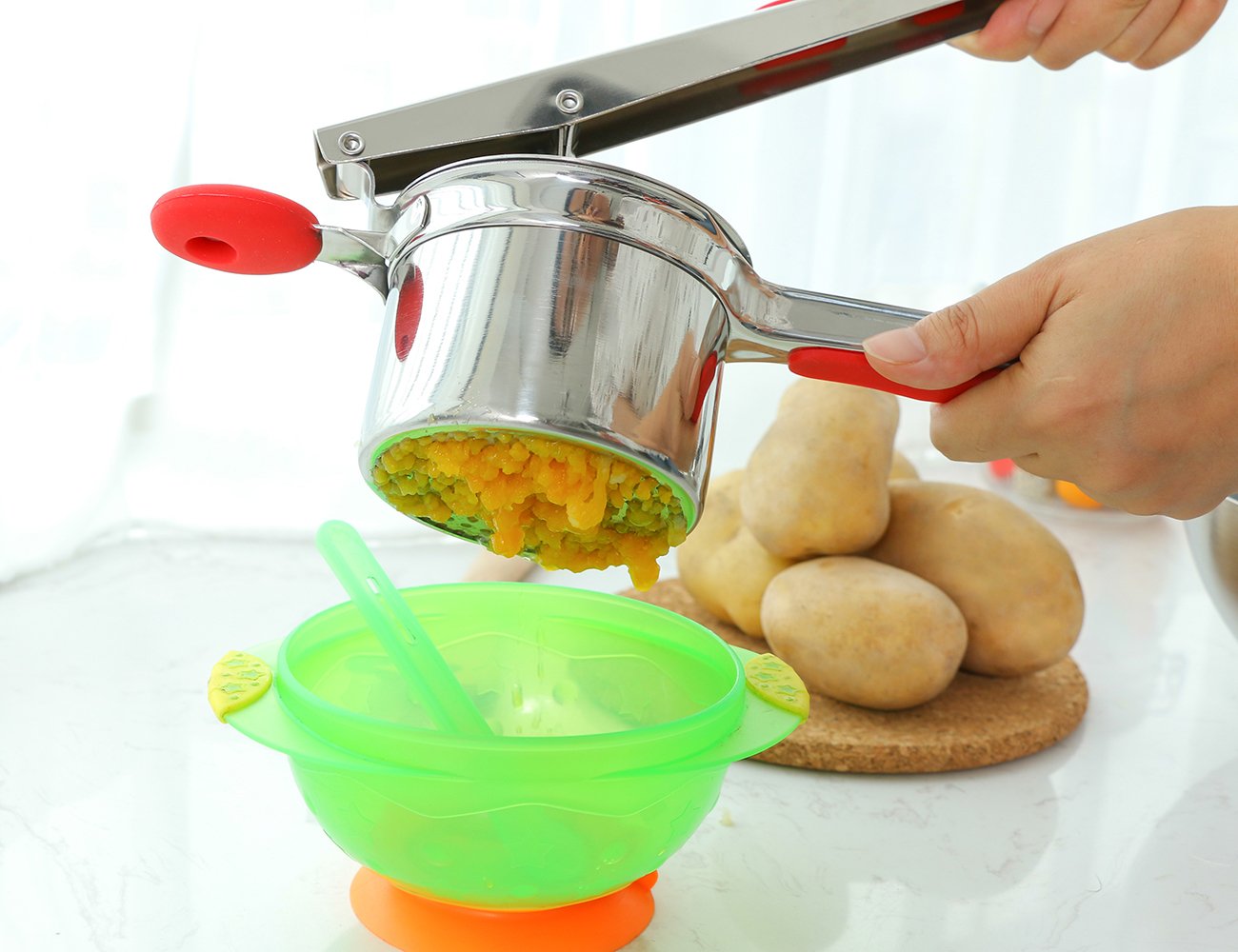 Rorence stainless steel potato masher with 3 interchangeable discs & inner cup & silicone grips (Black)