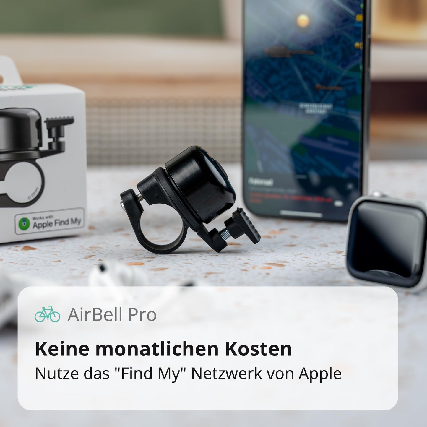 AirBell Pro - Bike bell with built-in tracker for Apple Find My network, AirTag alternative (22.2mm standard handlebar)