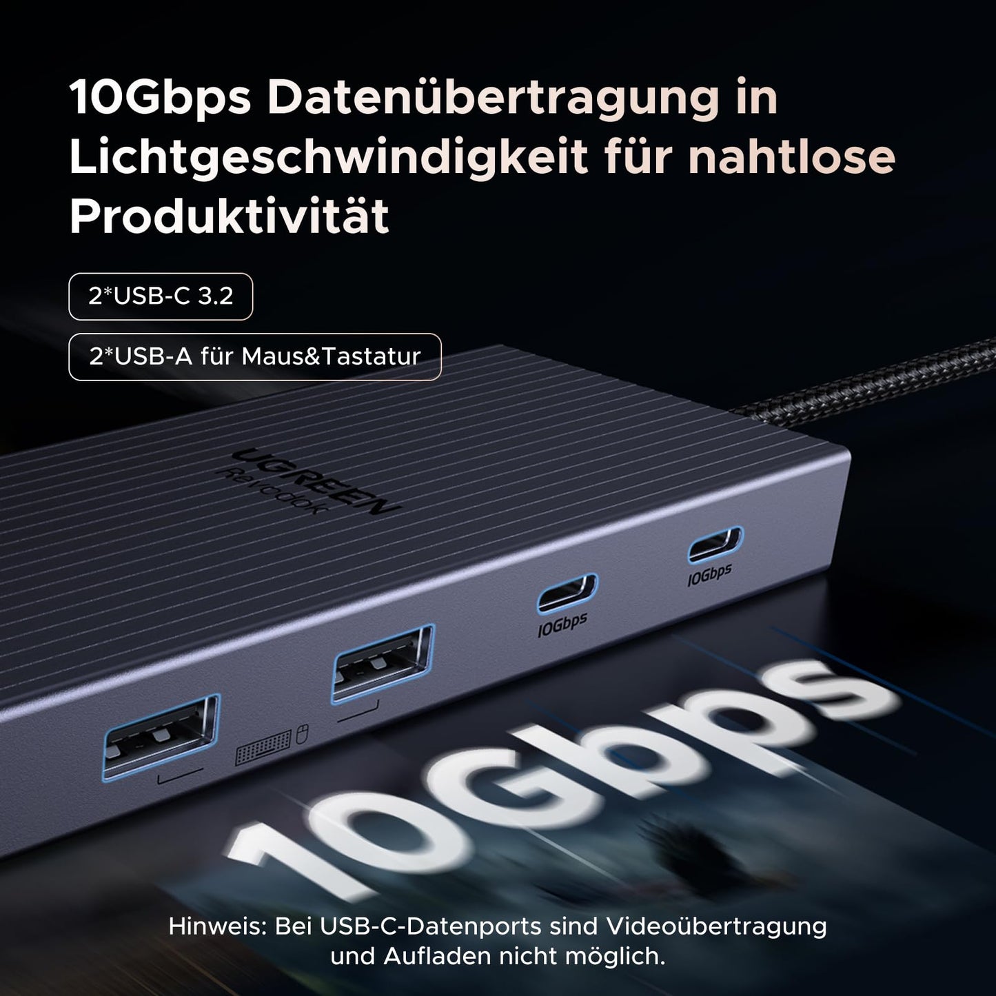UGREEN Revodok Pro 2111 Docking Station supports 2 monitors - HDMI & DisplayPort 4K@120Hz, 10Gbps USB-C, USB-A, SD/TF, LAN, Audio, 100W PD - Compatible with ThinkPad X1, HP Envy 17, XPS 15, and more.