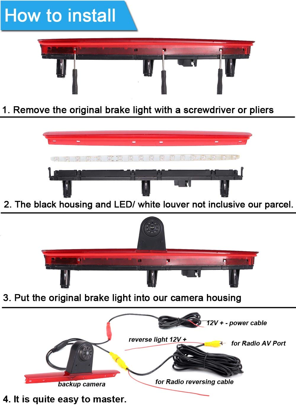 Car brake light reverse camera for VW T5 Bus Transporter Multivan Caravelle (New feature: adjustable angle and distance)