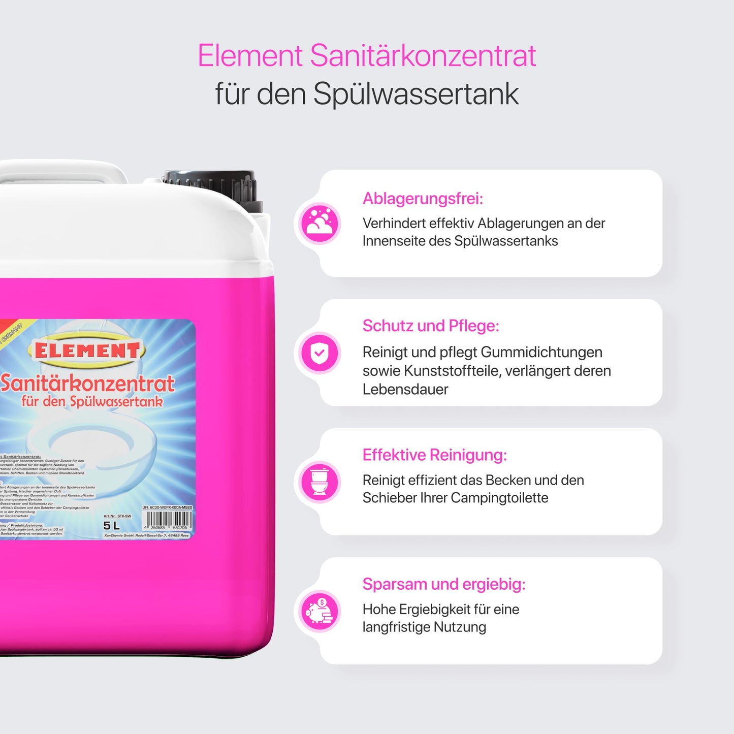 Element sanitary liquid for toilet tank I 5 liters I Sanitary concentrate for camping toilet I Freshwater additive I Flush water additive I Sanitary additive for camping toilet