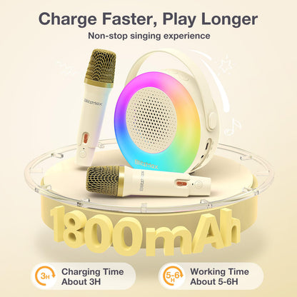 BlitzMax Kids Karaoke Machine Portable Bluetooth Mini Karaoke Speaker with 2 Microphones, Lights, and Sound for Girls Boys Adults Home Party Birthday Gifts (Beige)