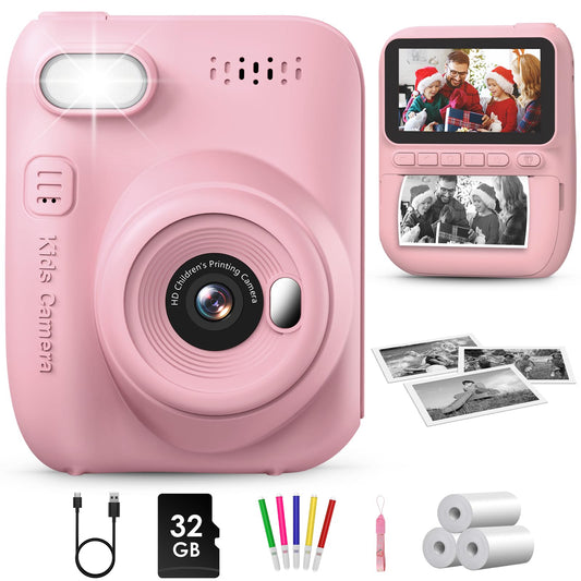 GREENKINDER Instant Camera for Kids, 14MP 3.0 Inch Screen Kids Camera Instant Camera with 32G Card, Printing Paper & Colored Pens, 1080P Kids Camera Instant Print, 3-12 Years