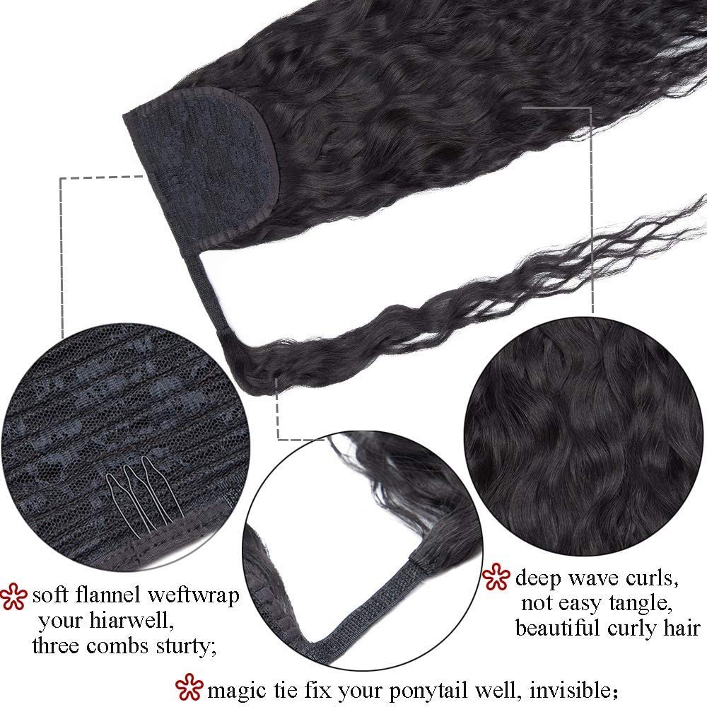 SEGO Clip-in ponytail extensions made of real hair. Curly wavy hairpiece for women. 14" (35cm) long and 80g in black #1-1.