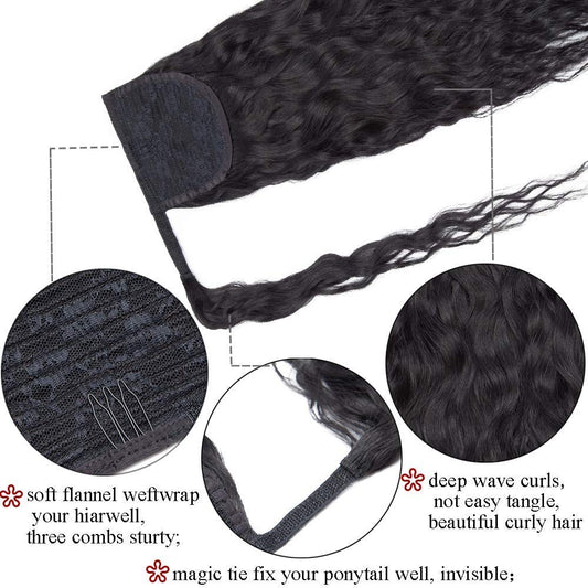 SEGO Clip-in ponytail extensions made of real hair. Curly wavy hairpiece for women. 14" (35cm) long and 80g in black #1-1.