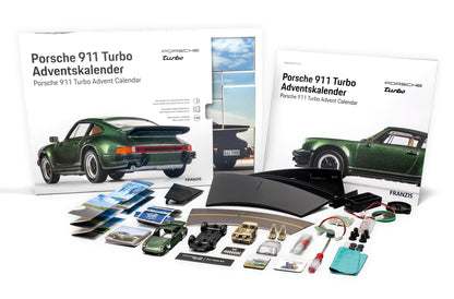 FRANZIS 55109 - Porsche 911 Turbo Advent calendar light green, metal model kit in 1:43 scale, including sound module and 52-page companion book.
