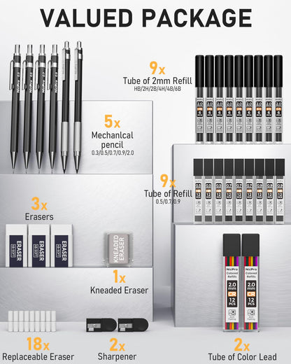 Nicpro 34-piece mechanical pencil set, black metal mechanical pencil set, 0.3, 0.5, 0.7, 0.9mm, and 2mm lead holders (6B, 4B, 2B, HB, 2H, 4H, CR) for sketching, drawing, with 19 tubes of lead.