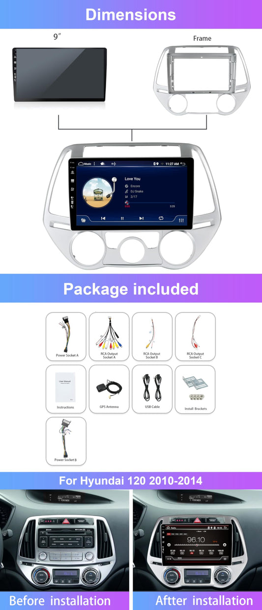 Android 14 car radio fits Hyundai i20 2010-2014 - 9 inch with GPS navigation - supports DAB/USB/Carplay/WiFi/4G/MirrorLink/SWC/AUX/Bluetooth/FM/RDS.