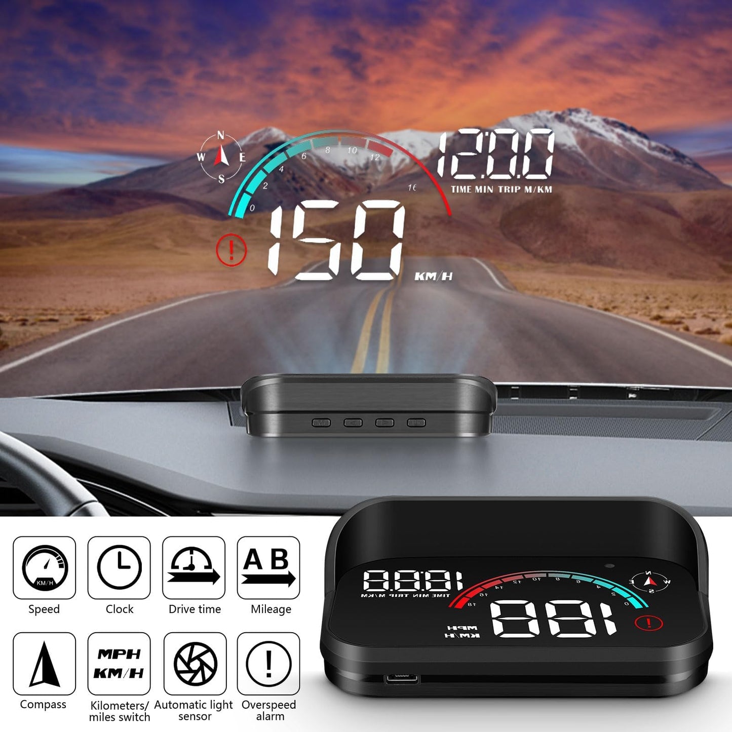 AMHVMU M22 Head Up Display Car - GPS Speedometer Car with Digital Display (Speed km/h, Time), Universal for All Vehicles
