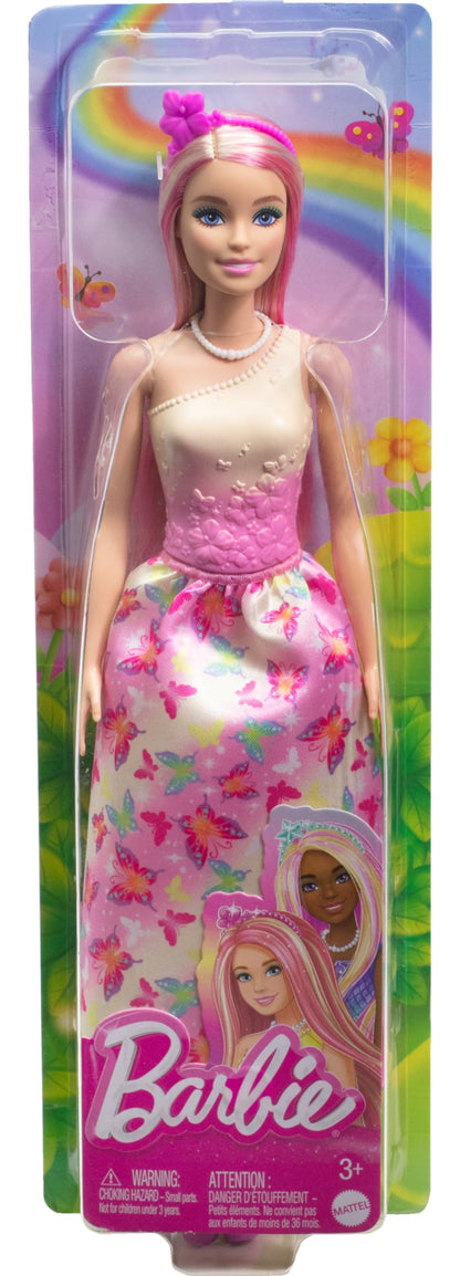 Barbie Royal Doll with imaginative hair in blond and pink, colorful accessories, pink ombre top, and butterfly-patterned skirt, HRR08.