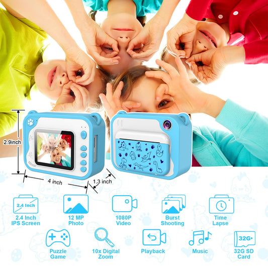 Ukuu Instant Camera 2.4 Inch 1080P Children's Camera with 3 Rolls of Printing Paper and 5 Color Brush Pen Gift for Kids Screen Black and White Photo Camera with 32GB Memory Card for Christmas - Blue