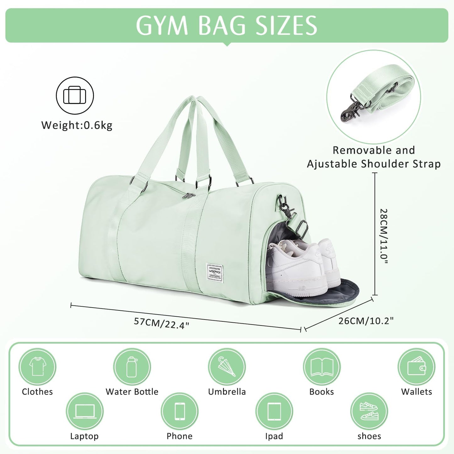 HYC00 sports bag for women, carry-on luggage for airplane, weekender bag, overnight bag, swim bag with wet compartment & shoe compartment, gym bag for women, hospital bag, travel duffle bag, light green