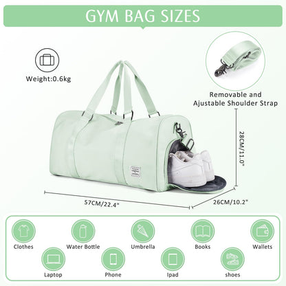 HYC00 sports bag for women, carry-on luggage for airplane, weekender bag, overnight bag, swim bag with wet compartment & shoe compartment, gym bag for women, hospital bag, travel duffle bag, light green