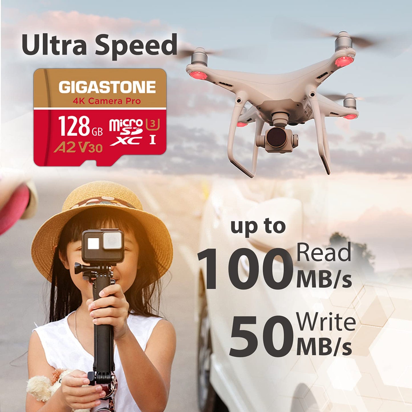 5 years free data recovery included. GIGASTONE 128GB Micro SD card, 4K Camera Pro, up to 100/50 MB/s, for Gopro, insta360, DJI, A2 V30.