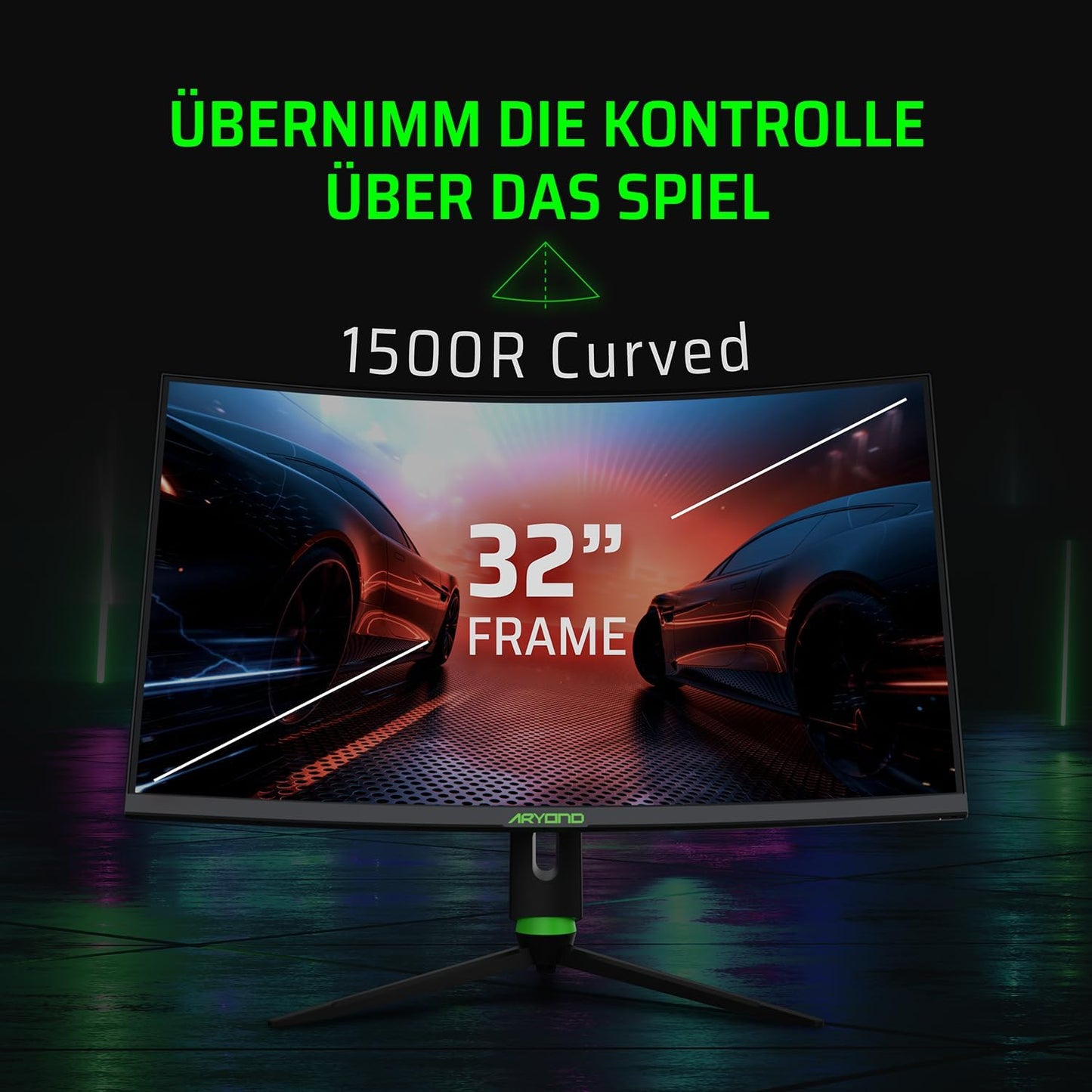 Aryond A32 V2 Curved Gaming Monitor, 32 inch (80cm), 180Hz, 1500R, QHD (2560x1440), 1ms, HDR, FreeSync & G-Sync, 122% SRGB, Eye Care, Built-in Speaker, HDMI, Display Port, Height Adjustable.
