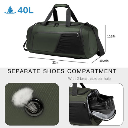 Men's duffel bag with shoe compartment, wet pocket, and water-resistant material. 40L capacity, perfect for gym, travel, or weekend trips. Suitable for both men and women. (Dark green)