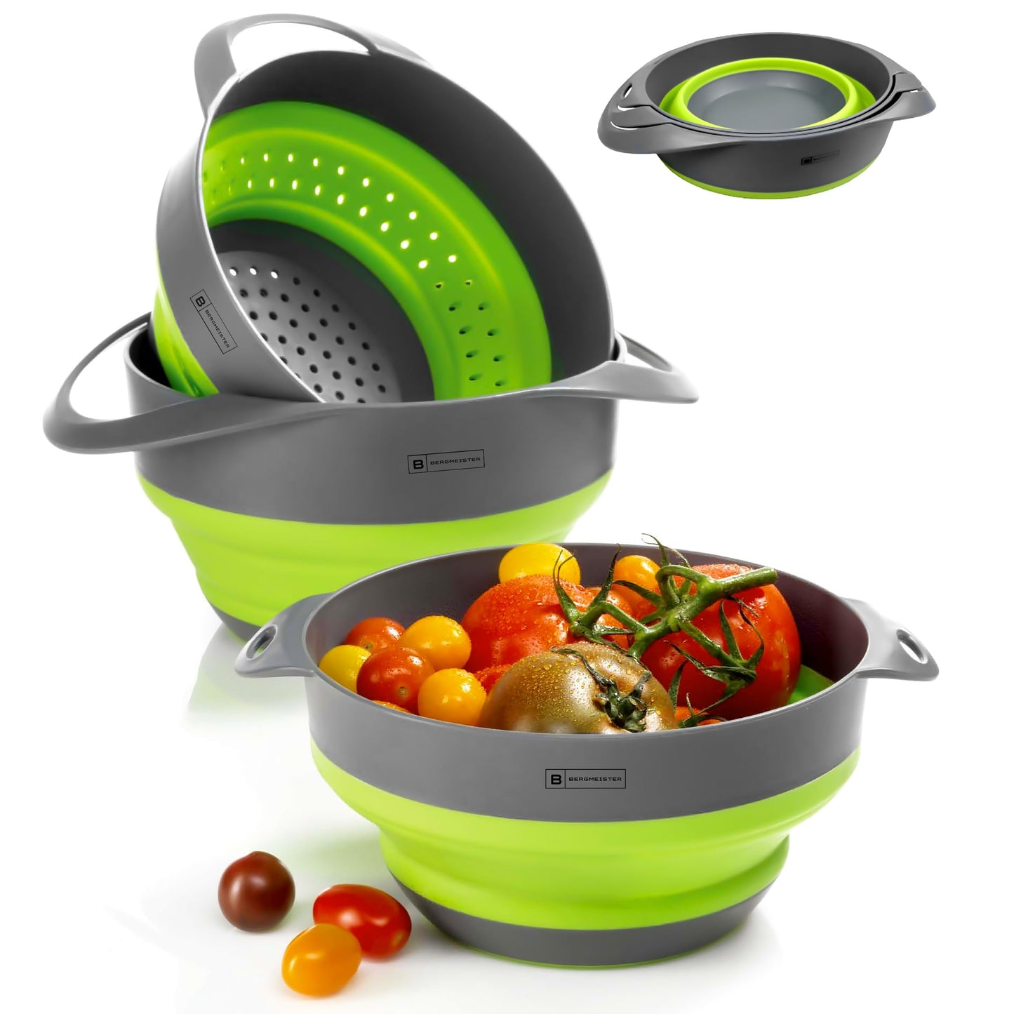 Bergmeister® Foldable Bowl Set 3in1 with Colander 1.7L / 2.8L Multifunctional Dishwasher Safe Space-saving for every home and outdoor camping kitchen