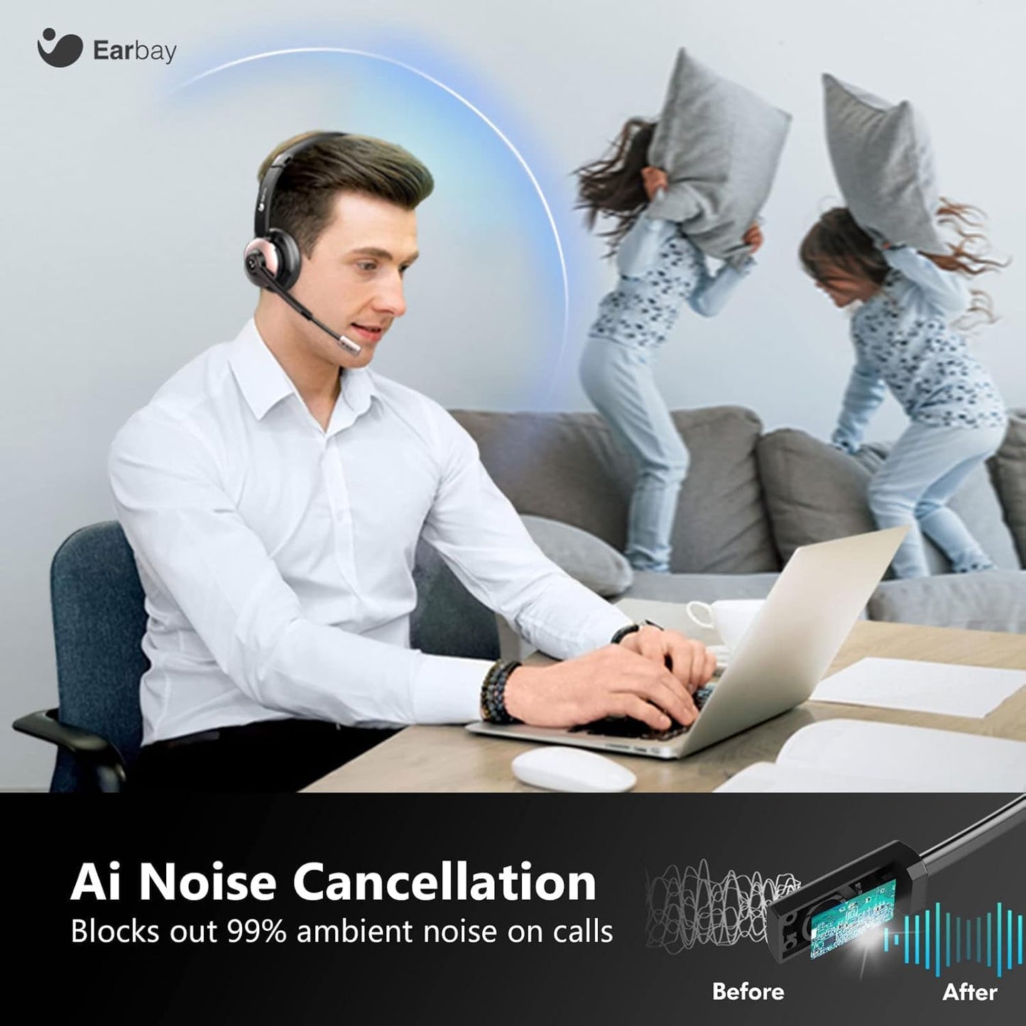 Wireless headset, Bluetooth headset with microphone and noise cancellation & USB dongle, wireless with microphone mute & charging station for computer/phone/meeting/call center/office.