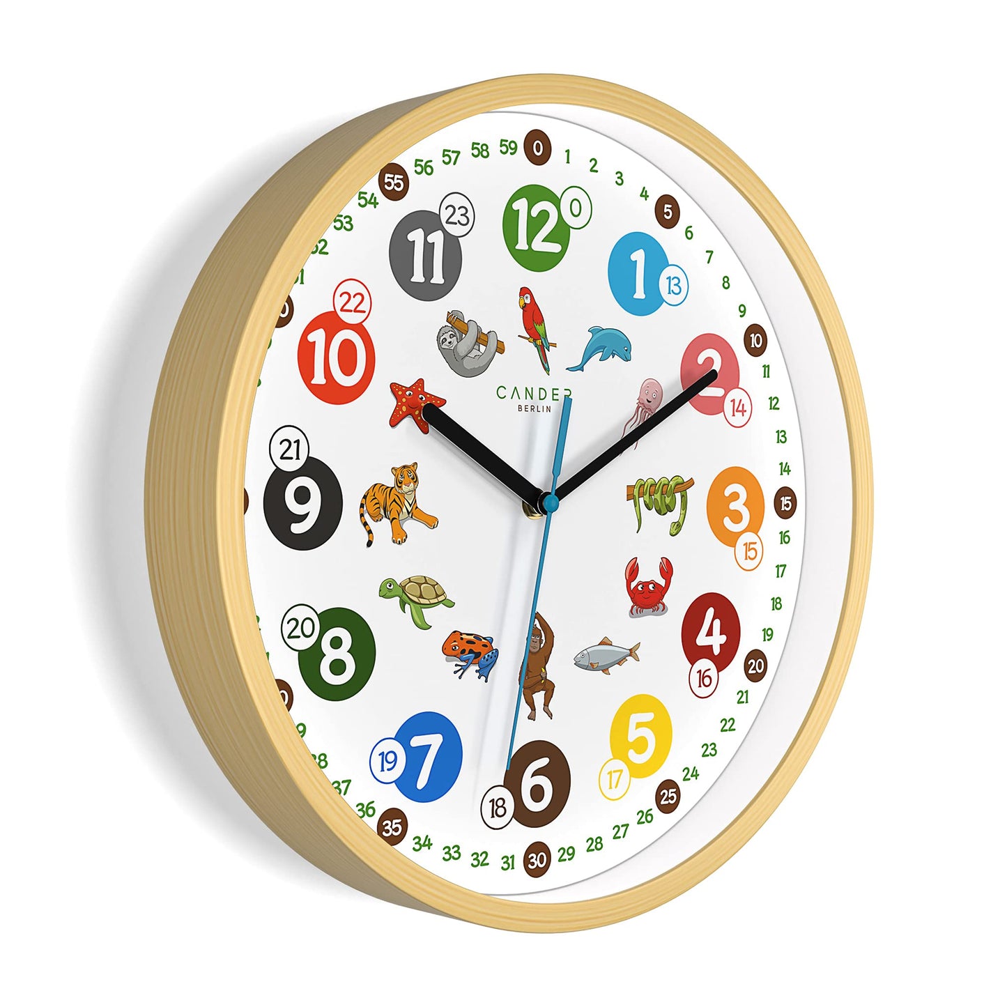 Cander Berlin MNU 2430 T Wooden Kids Wall Clock 30.5 cm Animal Learning Clock Silent Analog Wood Frame Nursery Non-ticking for Boys Girls