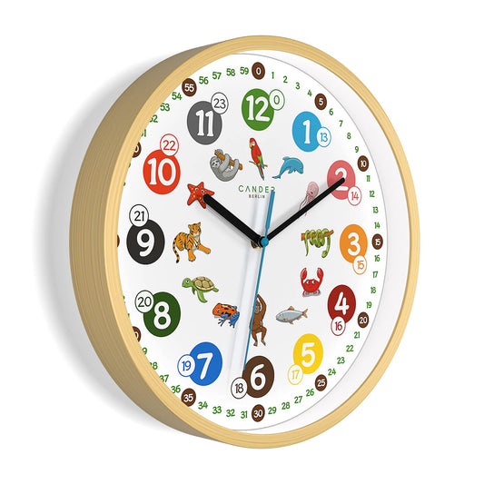 Cander Berlin MNU 2430 T Wooden Kids Wall Clock 30.5 cm Animal Learning Clock Silent Analog Wood Frame Nursery Non-ticking for Boys Girls