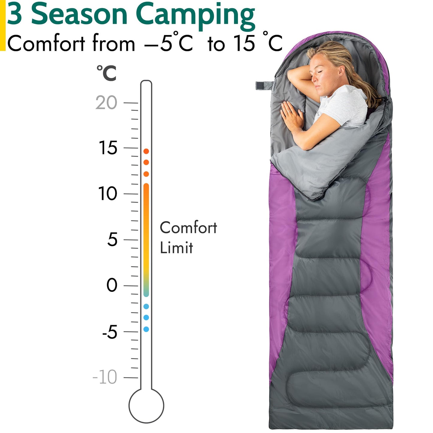 Alpine trail sleeping bag with hood - 250g bag, 3-season sleeping bag. Lightweight, compact - with hood and compression sack (Purple)