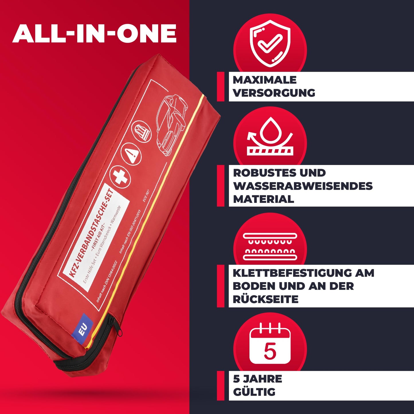 Automotive first aid kit including warning triangle & high-visibility vest until 2029 [EU-compliant] according to DIN 13164:2022. First aid kit, emergency set for car, camper, and home. 100% reliable. Smart Planet.