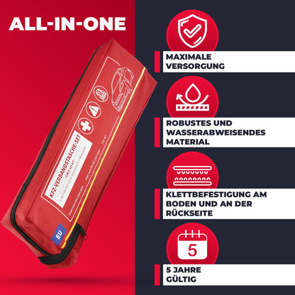 Automotive first aid kit including warning triangle & high-visibility vest until 2029 [EU-compliant] according to DIN 13164:2022. First aid kit, emergency set for car, camper, and home. 100% reliable. Smart Planet.