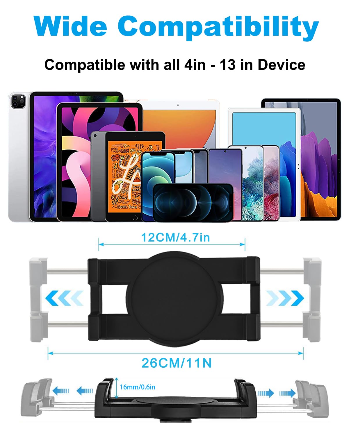 Metal Long Arm Tablet Holder, woleyi Adjustable Tablet Stand for Bed Desk Kitchen, Flexible Foldable Aluminum Tablet Clamp for iPad Pro 12.9 Air Mini, Galaxy, Switch, iPhone 4-13"