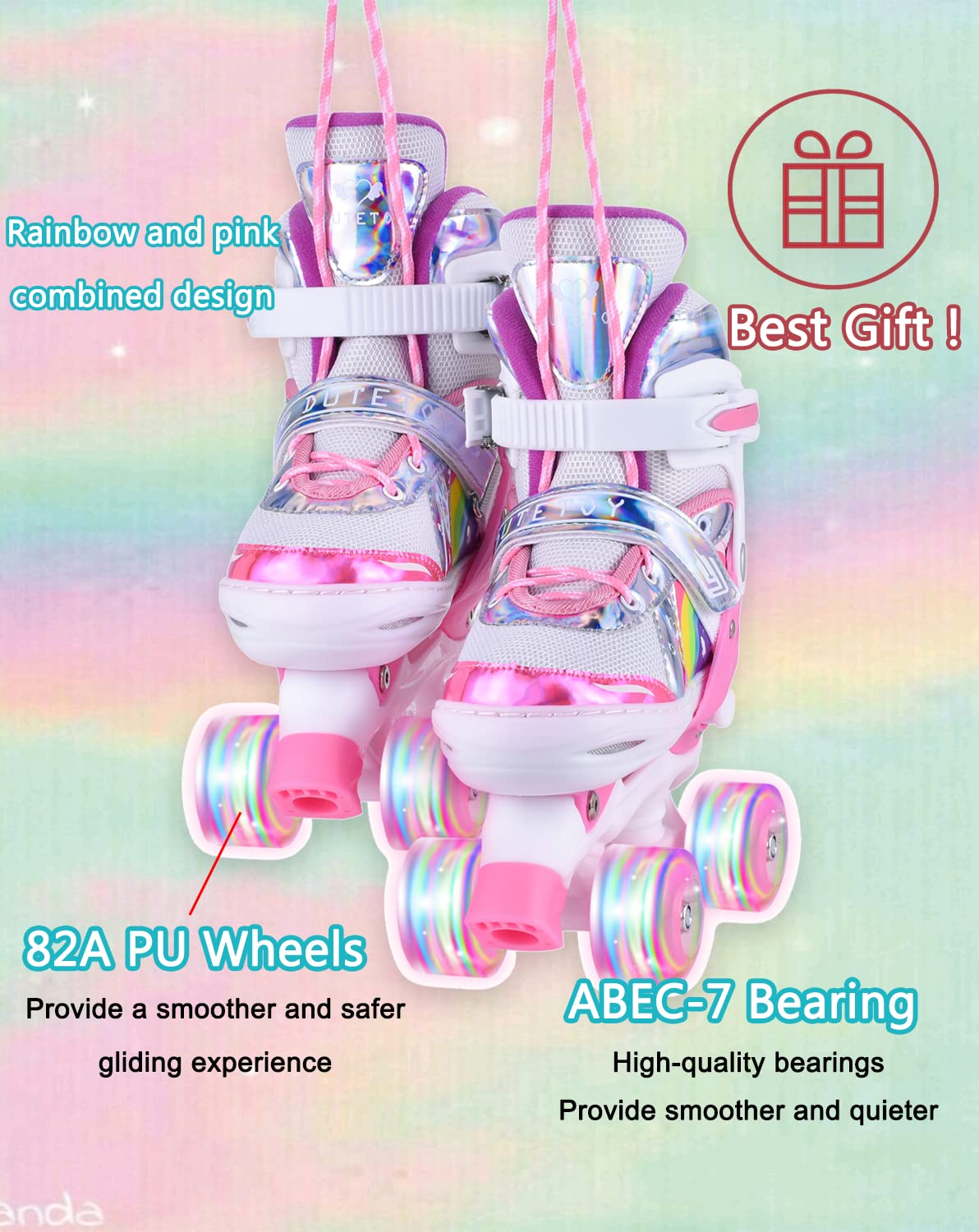 YUDOXN Adjustable Roller Skates for Girls. Comfortable LED rollerskates for teens and beginners. 3 sizes, adjustable from 31 to 42. Adjustable roller skates for kids (S, Pink-B).