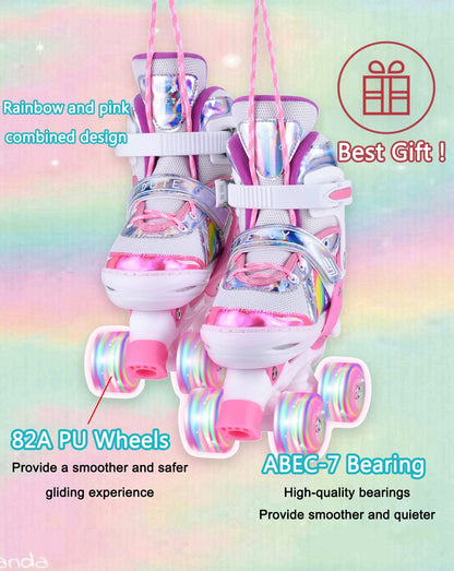 YUDOXN Adjustable Roller Skates for Girls. Comfortable LED rollerskates for teens and beginners. 3 sizes, adjustable from 31 to 42. Adjustable roller skates for kids (S, Pink-B).