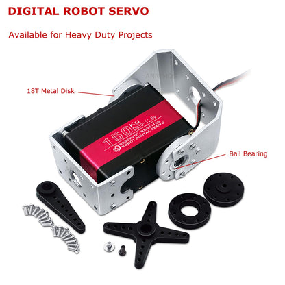 150KG robot servo motor 12V high voltage high torque steel gear large digital steering servos with brackets.